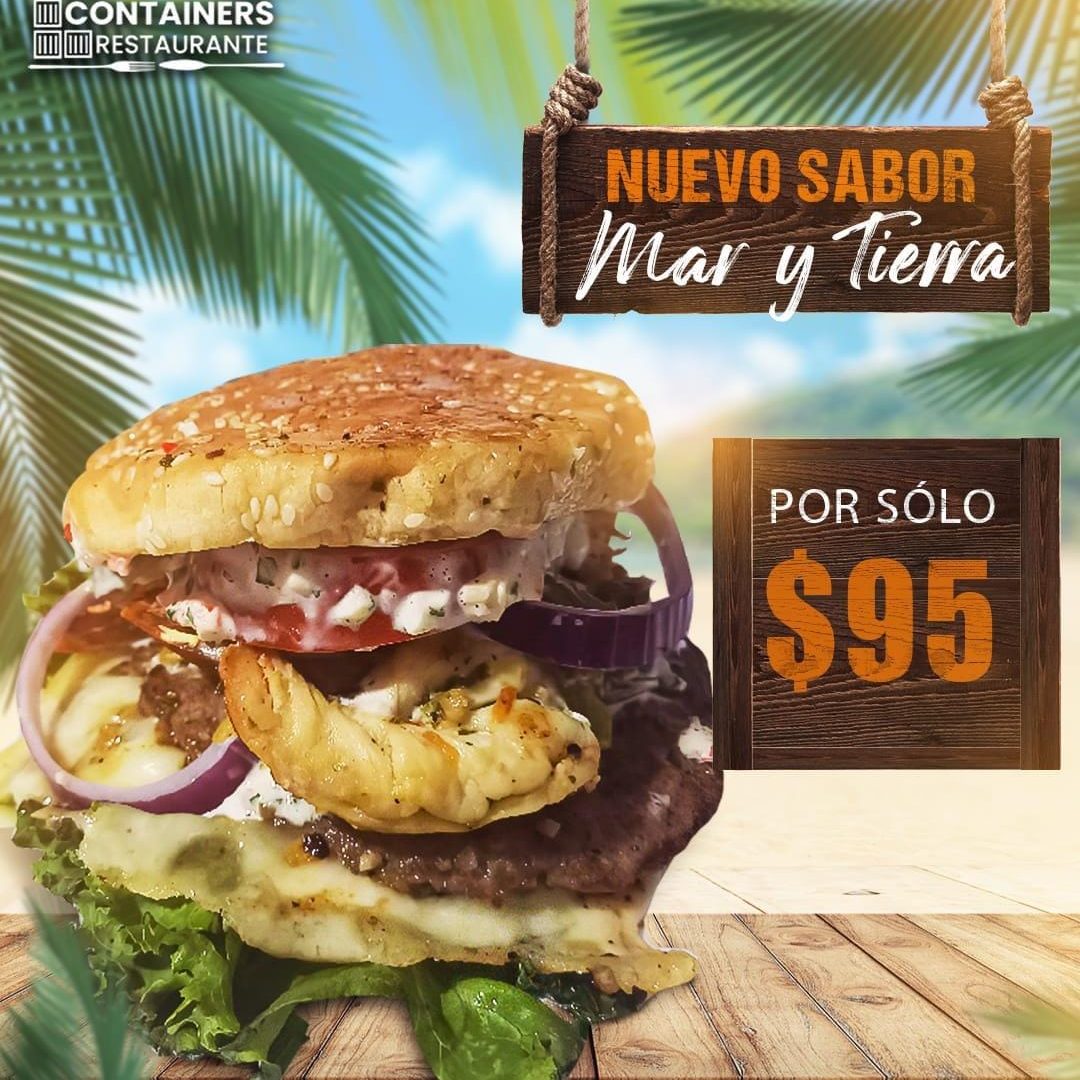 Hamburguesa Mar y Tierra Lo mejor del mar y la tierra, juntos en una sola mordida.